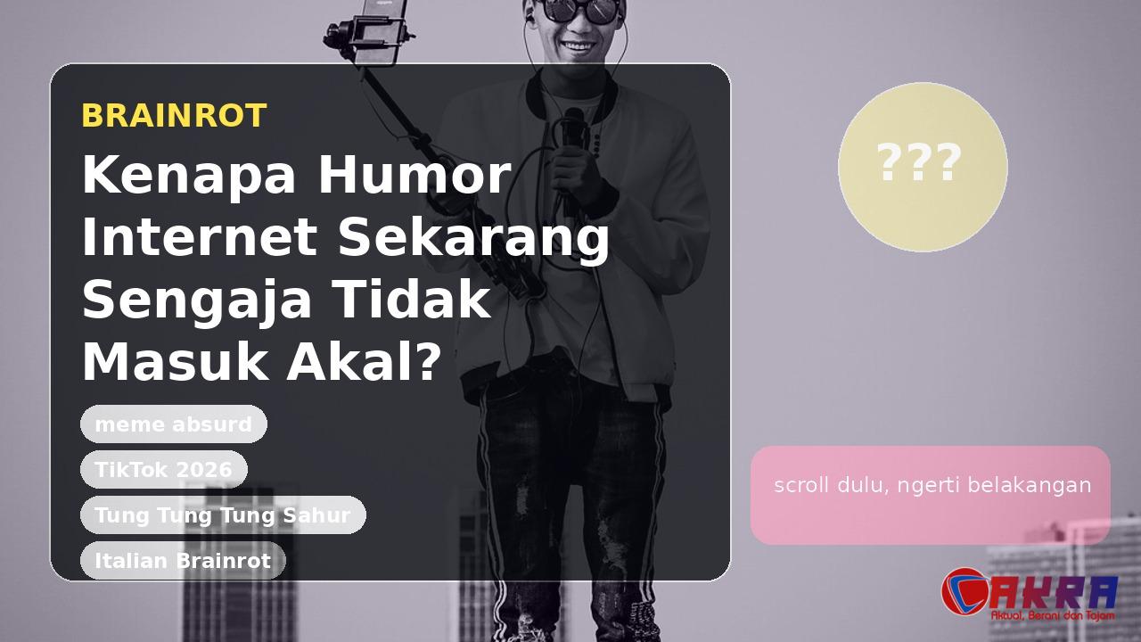 Cover editorial tentang brainrot, meme absurd, dan humor internet yang tidak masuk akal